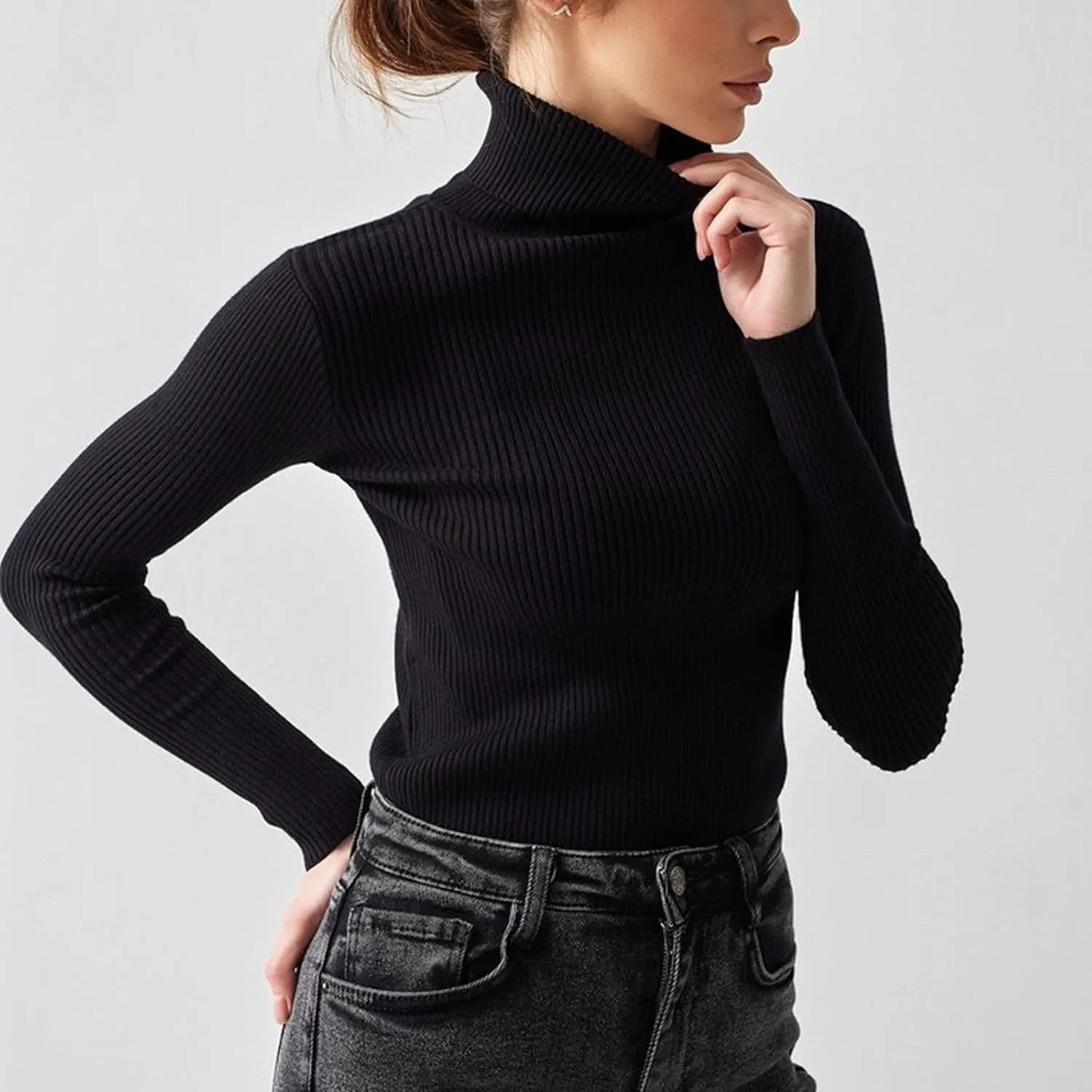 Turtleneck Sweater for Women Cropped Long Sleeve Knitted Sweater Solid Color High Neck Cute Sweaters for Women