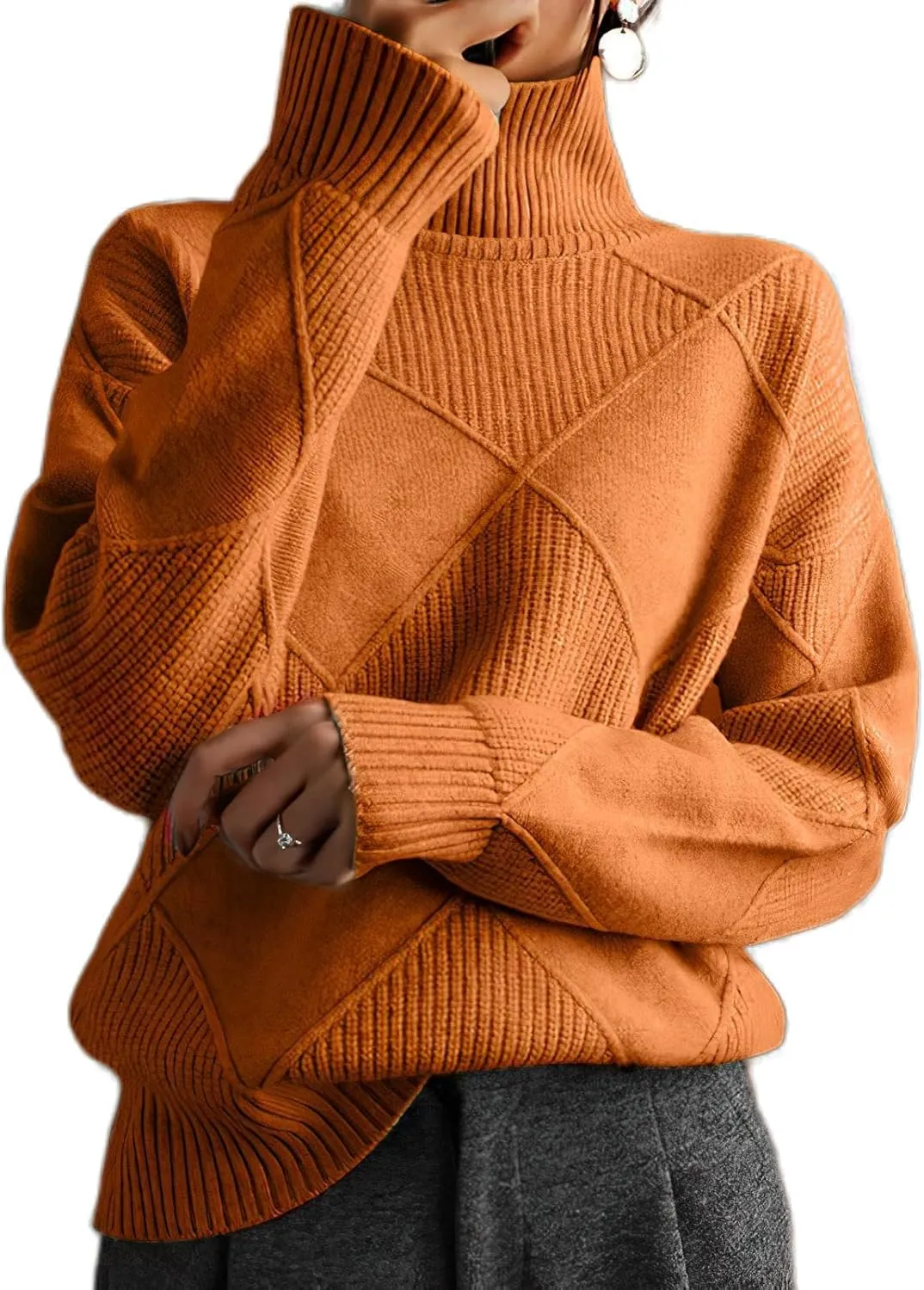Turtleneck Sweater Women Long Sleeve Cable Knit Sweater Tops Fall Fashion Solid Color Oversized Pullover Tops