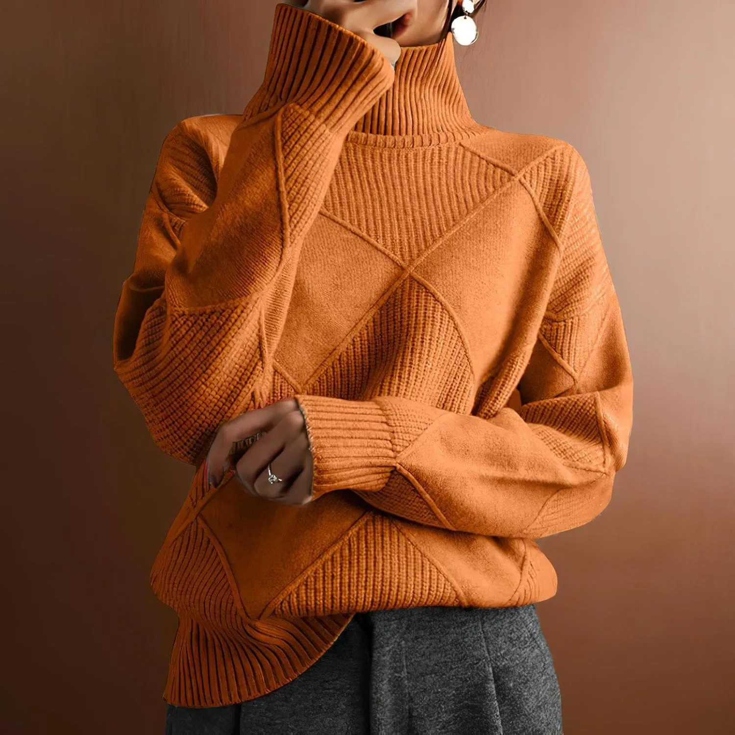 Turtleneck Sweater Women Long Sleeve Cable Knit Sweater Tops Fall Fashion Solid Color Oversized Pullover Tops