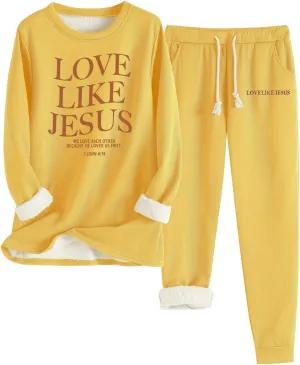 Two Piece Outfits For Women Jogging Suits Warm Fleece Lined Sweatshirts Jogger Pant Crewneck Joggers Pjs Sleepwear