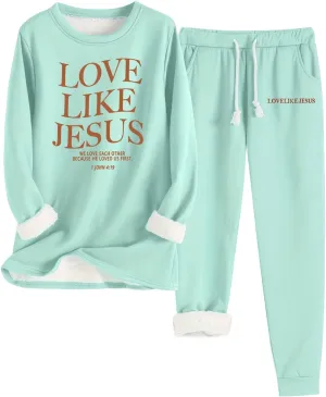 Two Piece Outfits For Women Jogging Suits Warm Fleece Lined Sweatshirts Jogger Pant Crewneck Joggers Pjs Sleepwear