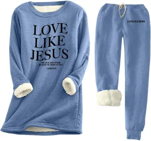 Two Piece Outfits For Women Jogging Suits Warm Fleece Lined Sweatshirts Jogger Pant Crewneck Joggers Pjs Sleepwear