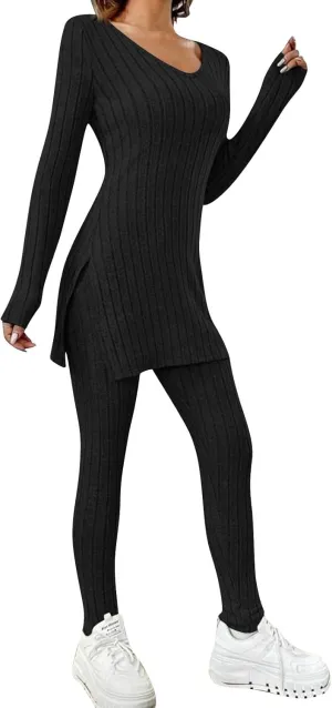 Two Piece Sets for Women,2025 Spring Trendy Ribbed Knit Lounge Set V Neck Slit Long Sleeve Tops & Pants Loungewear