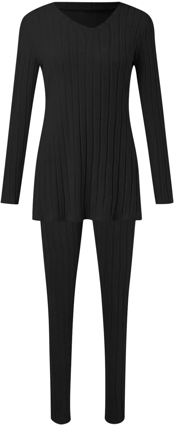 Two Piece Sets for Women,2025 Spring Trendy Ribbed Knit Lounge Set V Neck Slit Long Sleeve Tops & Pants Loungewear