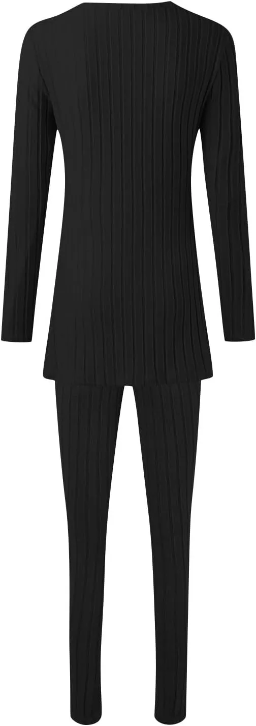 Two Piece Sets for Women,2025 Spring Trendy Ribbed Knit Lounge Set V Neck Slit Long Sleeve Tops & Pants Loungewear