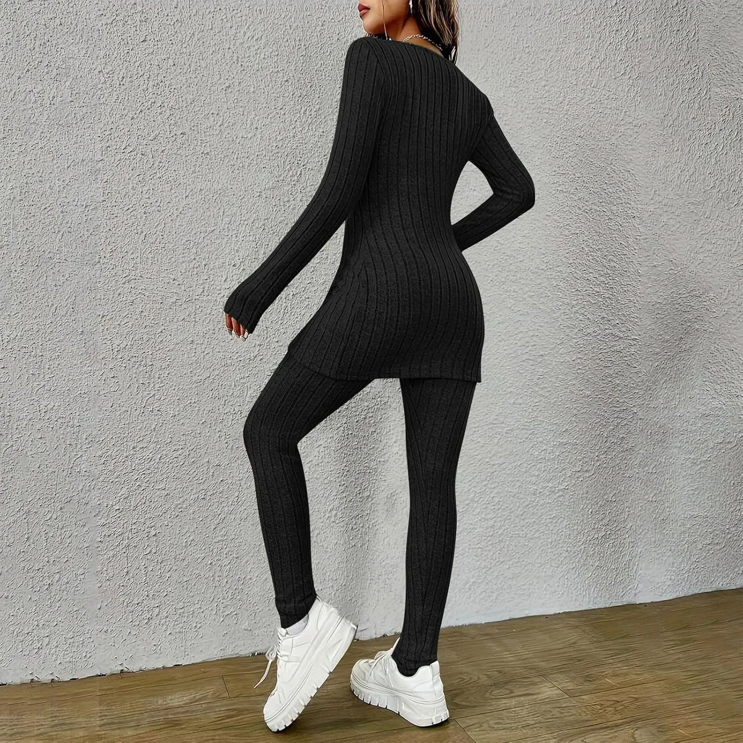 Two Piece Sets for Women,2025 Spring Trendy Ribbed Knit Lounge Set V Neck Slit Long Sleeve Tops & Pants Loungewear