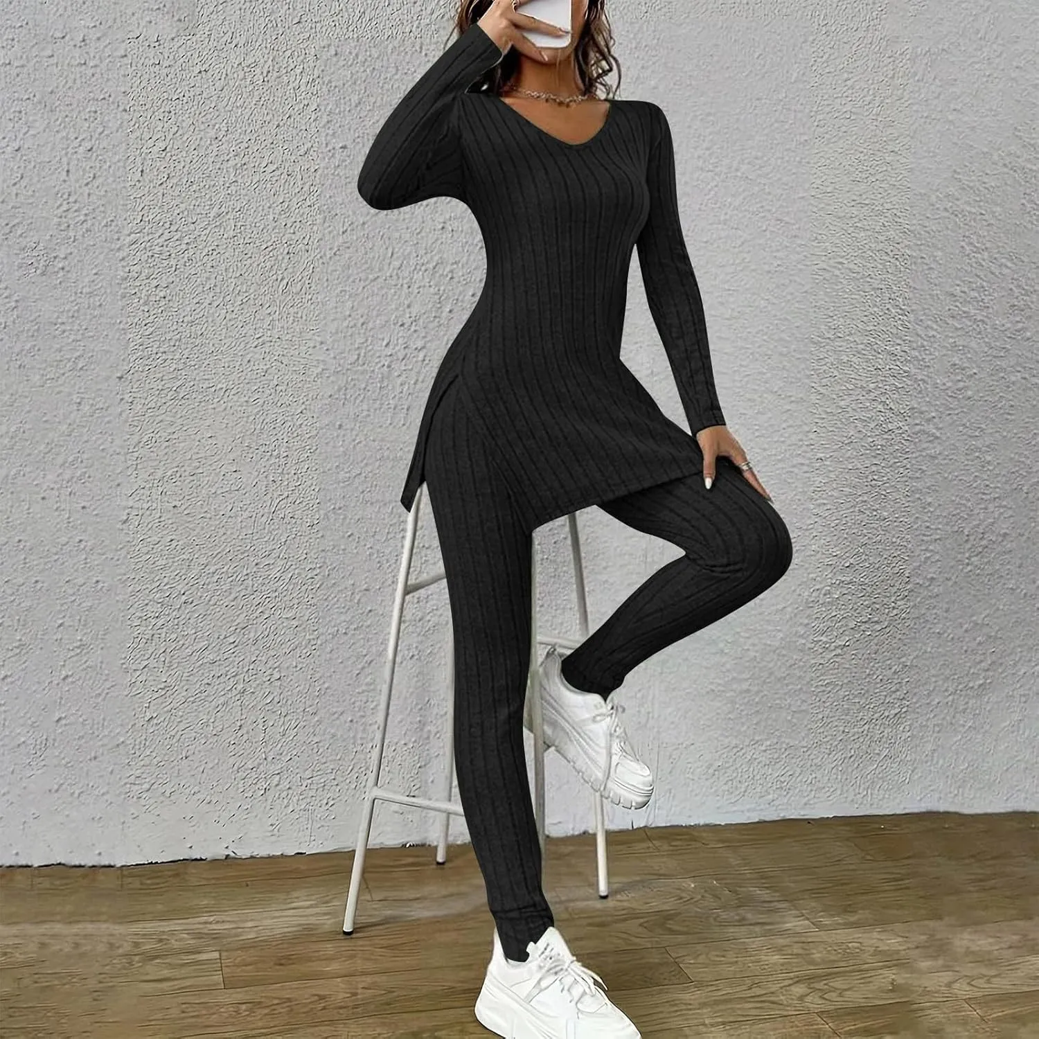 Two Piece Sets for Women,2025 Spring Trendy Ribbed Knit Lounge Set V Neck Slit Long Sleeve Tops & Pants Loungewear