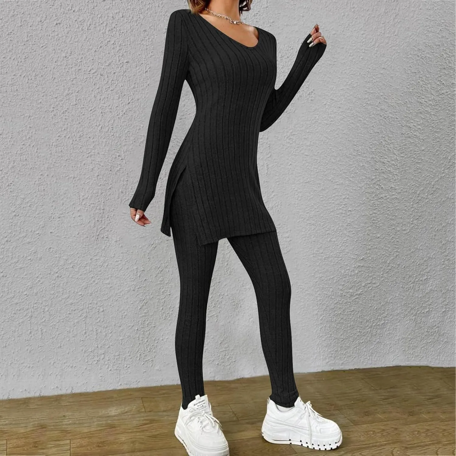 Two Piece Sets for Women,2025 Spring Trendy Ribbed Knit Lounge Set V Neck Slit Long Sleeve Tops & Pants Loungewear