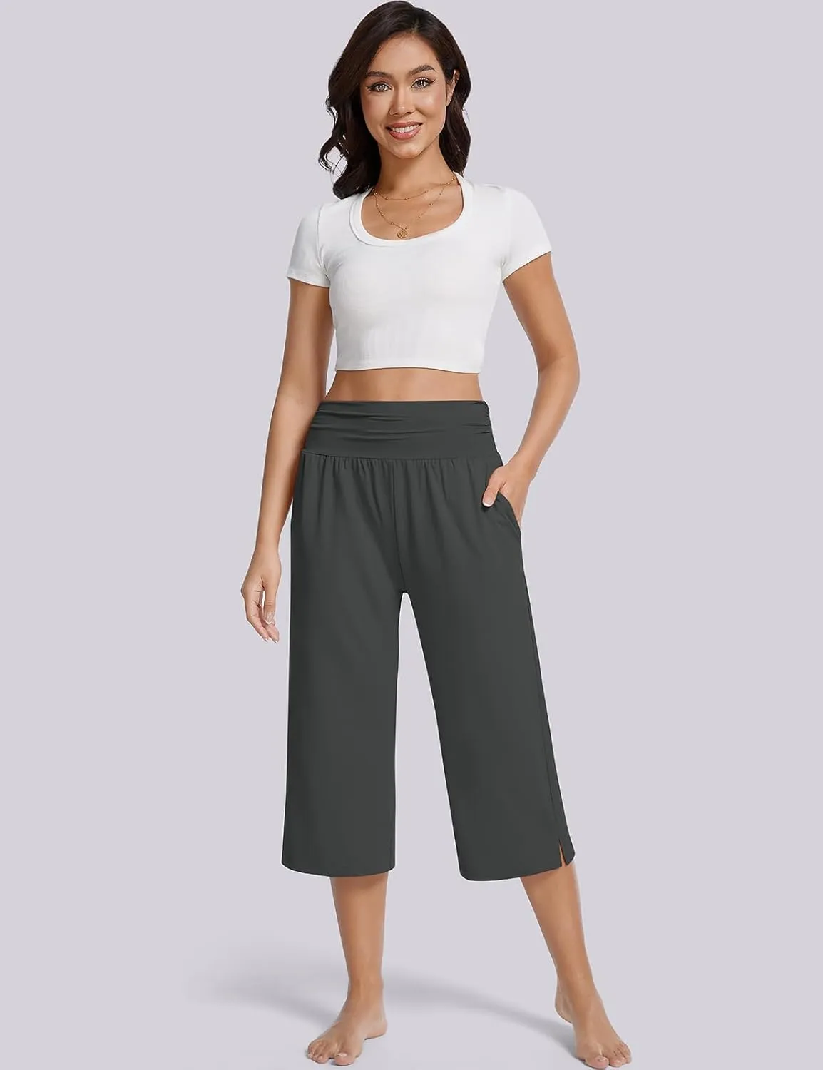 UEU Women's Summer Capris Yoga Pants for Women High Waisted Casual Wide Leg Loose Soft Pajamas with Pockets