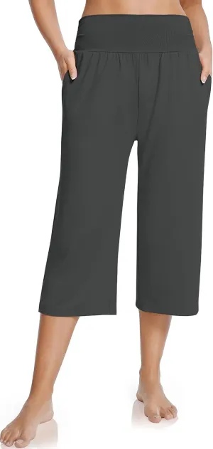 UEU Women's Summer Capris Yoga Pants for Women High Waisted Casual Wide Leg Loose Soft Pajamas with Pockets