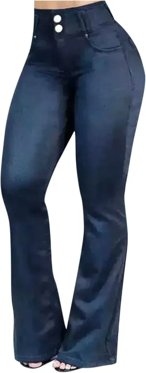 Uillui Bell Bottom Jeans for Women Skinny Stretch Wide Leg Jeans Button High Waist Bootcut Pants Pocket Flared Denim Pants