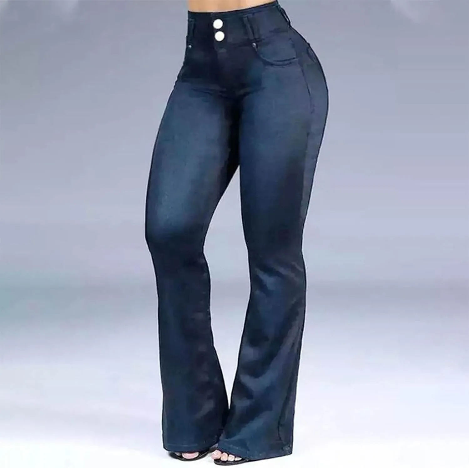 Uillui Bell Bottom Jeans for Women Skinny Stretch Wide Leg Jeans Button High Waist Bootcut Pants Pocket Flared Denim Pants