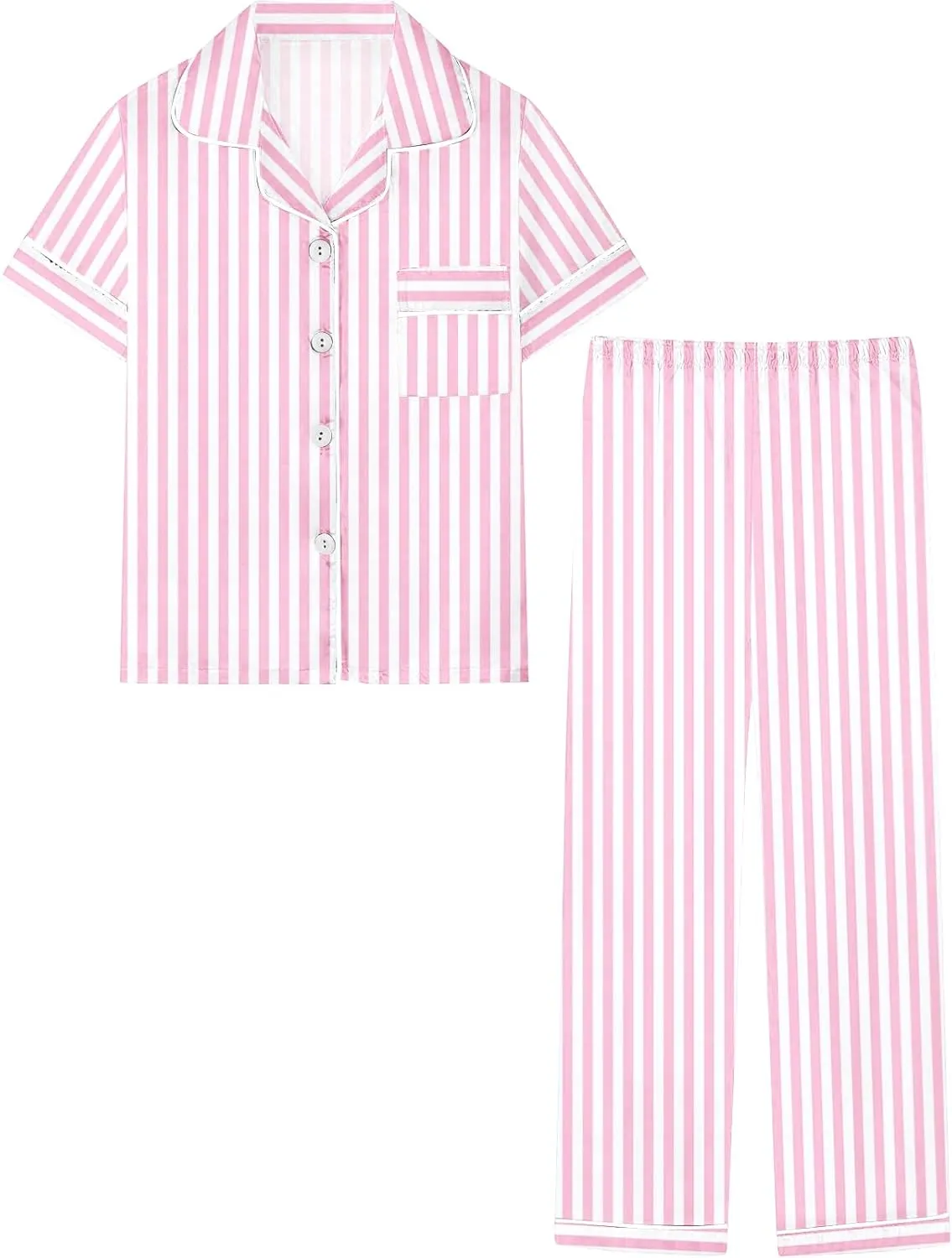 Umeyda Girls Womens Pajamas Set, Satin Silky Button Down Loungewear 2 Piece Short Sleeve Pants PJS Sets for Mommy Kids