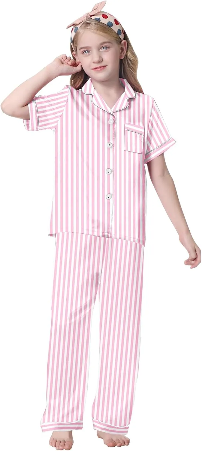 Umeyda Girls Womens Pajamas Set, Satin Silky Button Down Loungewear 2 Piece Short Sleeve Pants PJS Sets for Mommy Kids