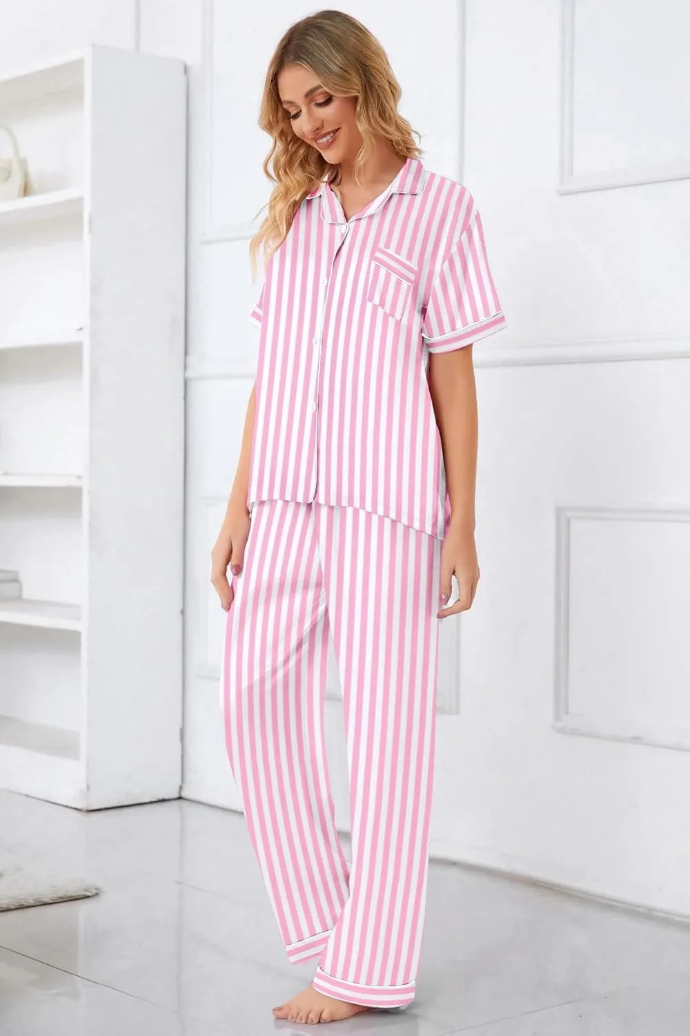 Umeyda Girls Womens Pajamas Set, Satin Silky Button Down Loungewear 2 Piece Short Sleeve Pants PJS Sets for Mommy Kids