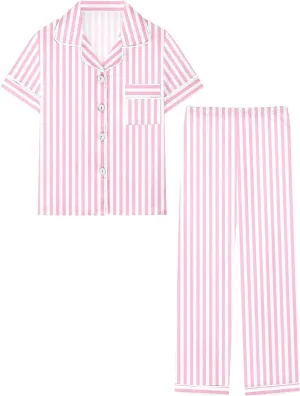 Umeyda Girls Womens Pajamas Set, Satin Silky Button Down Loungewear 2 Piece Short Sleeve Pants PJS Sets for Mommy Kids