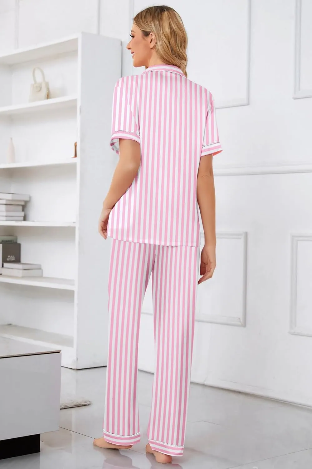 Umeyda Girls Womens Pajamas Set, Satin Silky Button Down Loungewear 2 Piece Short Sleeve Pants PJS Sets for Mommy Kids