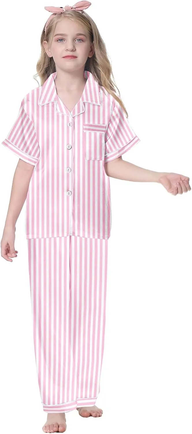 Umeyda Girls Womens Pajamas Set, Satin Silky Button Down Loungewear 2 Piece Short Sleeve Pants PJS Sets for Mommy Kids