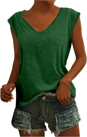 UQRZAU Women's 2024 T Shirts V-Neck T-Shirt Casual Cap Sleeve Vest Solid Loose Blouse Fit Tank Tops T Shirts