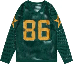 Verdusa Men's Jersey Shirt Crochet Sweaters Long Sleeve Knit Tops Letter Graphic Pullover Sweater Tops