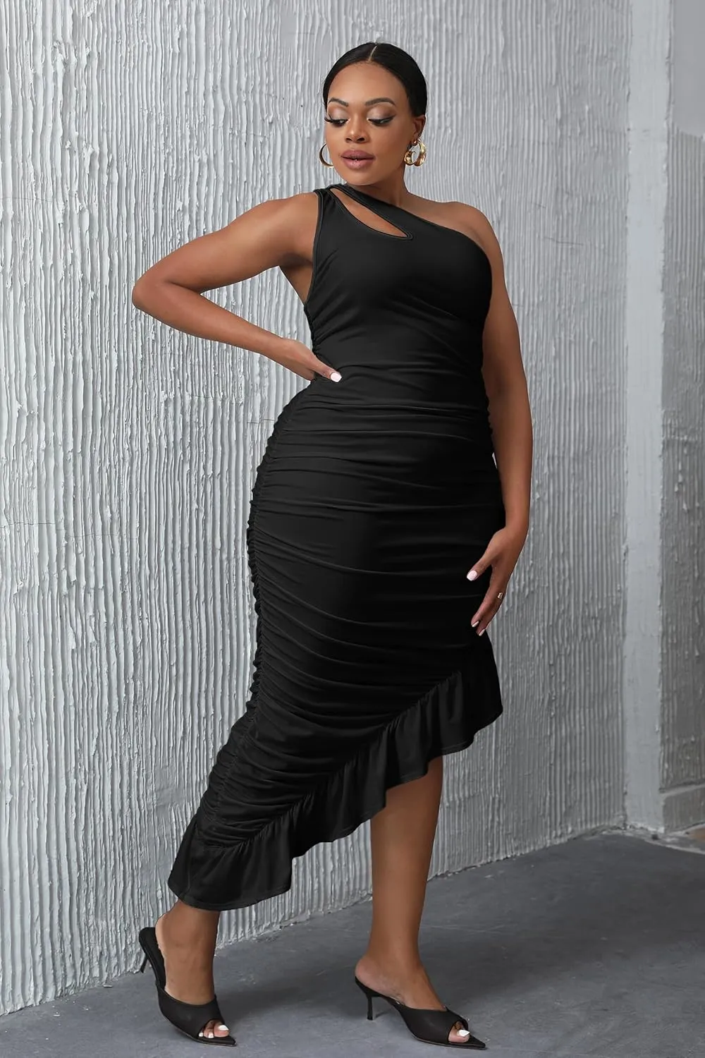VERWIN Bodycon Dress Sleeveless Ruched Dress One Shoulder Ruffle Wrap Dress Party Dress Oblique Collar Maxi Dress