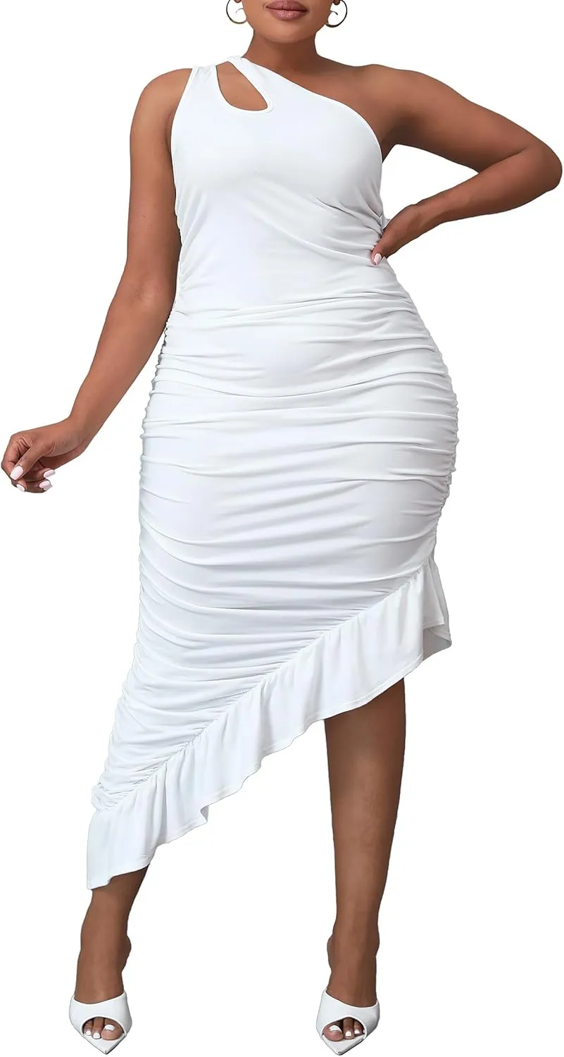 VERWIN Bodycon Dress Sleeveless Ruched Dress One Shoulder Ruffle Wrap Dress Party Dress Oblique Collar Maxi Dress