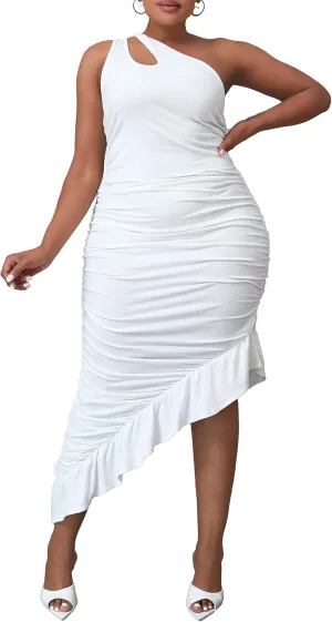 VERWIN Bodycon Dress Sleeveless Ruched Dress One Shoulder Ruffle Wrap Dress Party Dress Oblique Collar Maxi Dress
