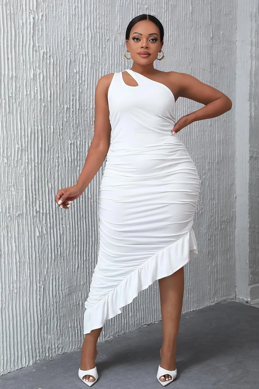 VERWIN Bodycon Dress Sleeveless Ruched Dress One Shoulder Ruffle Wrap Dress Party Dress Oblique Collar Maxi Dress