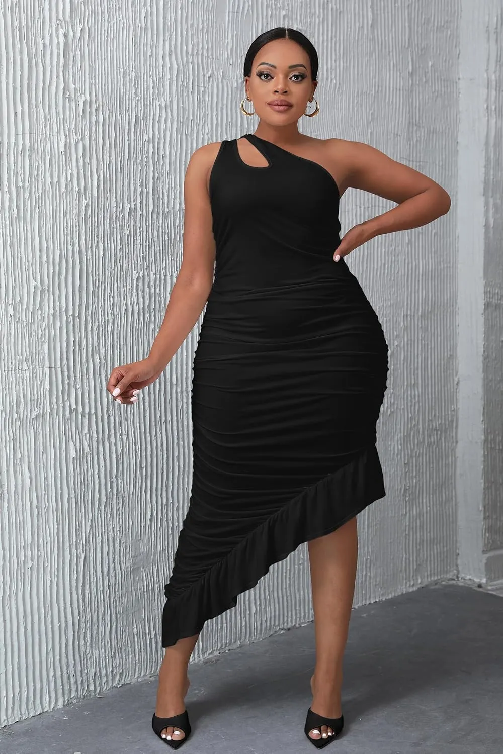 VERWIN Bodycon Dress Sleeveless Ruched Dress One Shoulder Ruffle Wrap Dress Party Dress Oblique Collar Maxi Dress