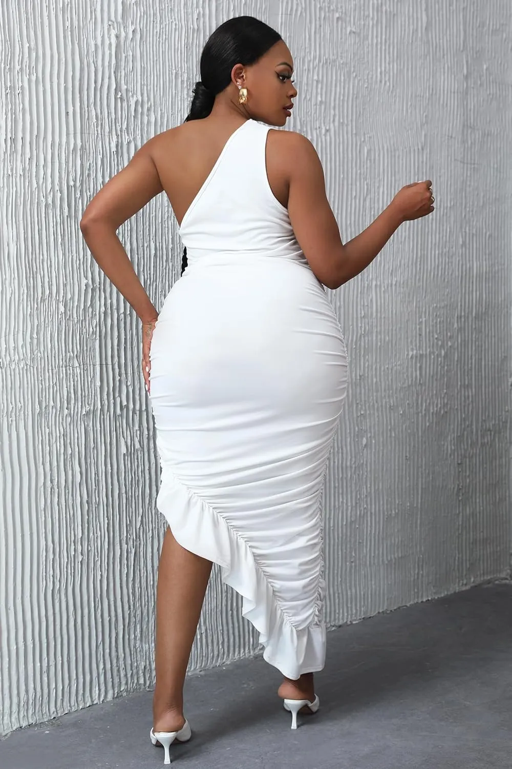 VERWIN Bodycon Dress Sleeveless Ruched Dress One Shoulder Ruffle Wrap Dress Party Dress Oblique Collar Maxi Dress