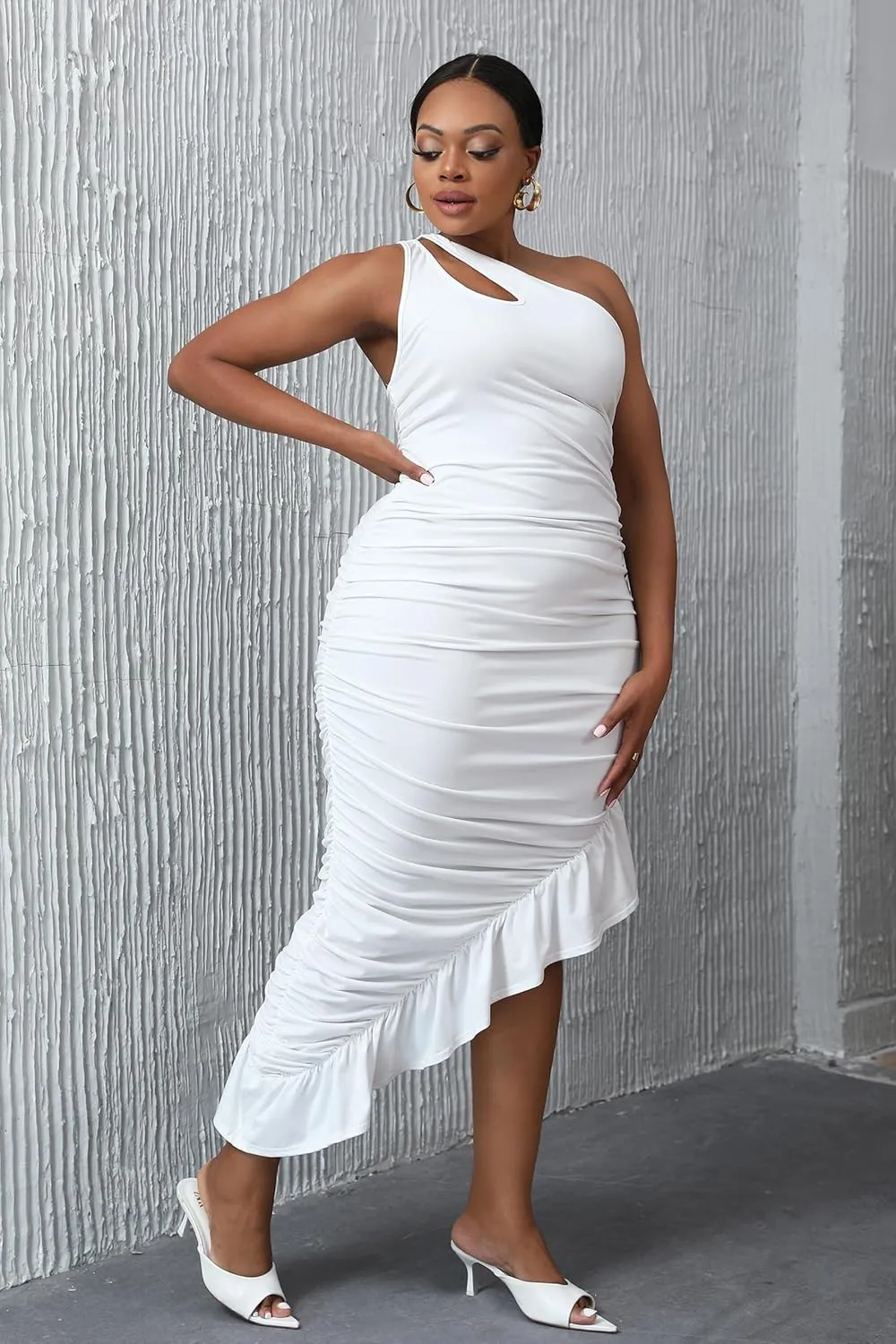 VERWIN Bodycon Dress Sleeveless Ruched Dress One Shoulder Ruffle Wrap Dress Party Dress Oblique Collar Maxi Dress