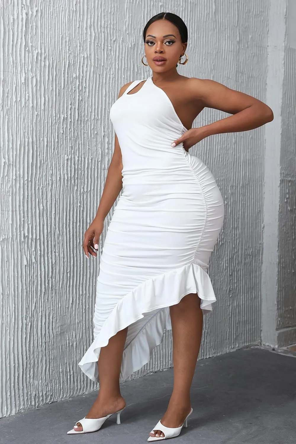VERWIN Bodycon Dress Sleeveless Ruched Dress One Shoulder Ruffle Wrap Dress Party Dress Oblique Collar Maxi Dress