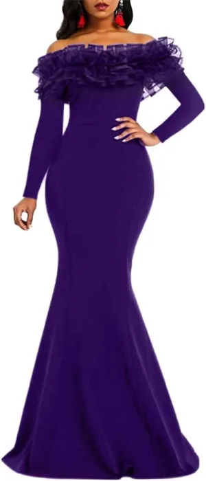 VERWIN Floor-Length Long Sleeve Off Shoulder Plain Women's Maxi Dress Bodycon Dress