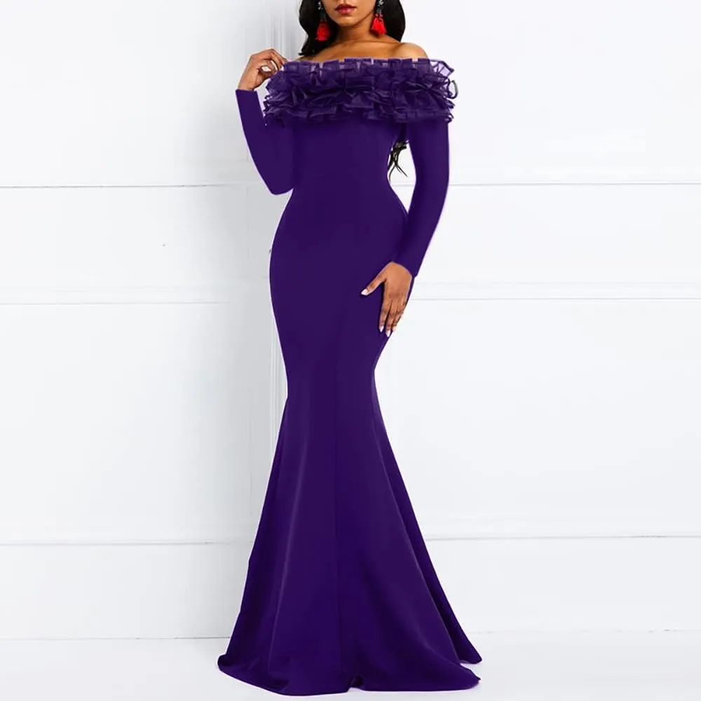 VERWIN Floor-Length Long Sleeve Off Shoulder Plain Women's Maxi Dress Bodycon Dress