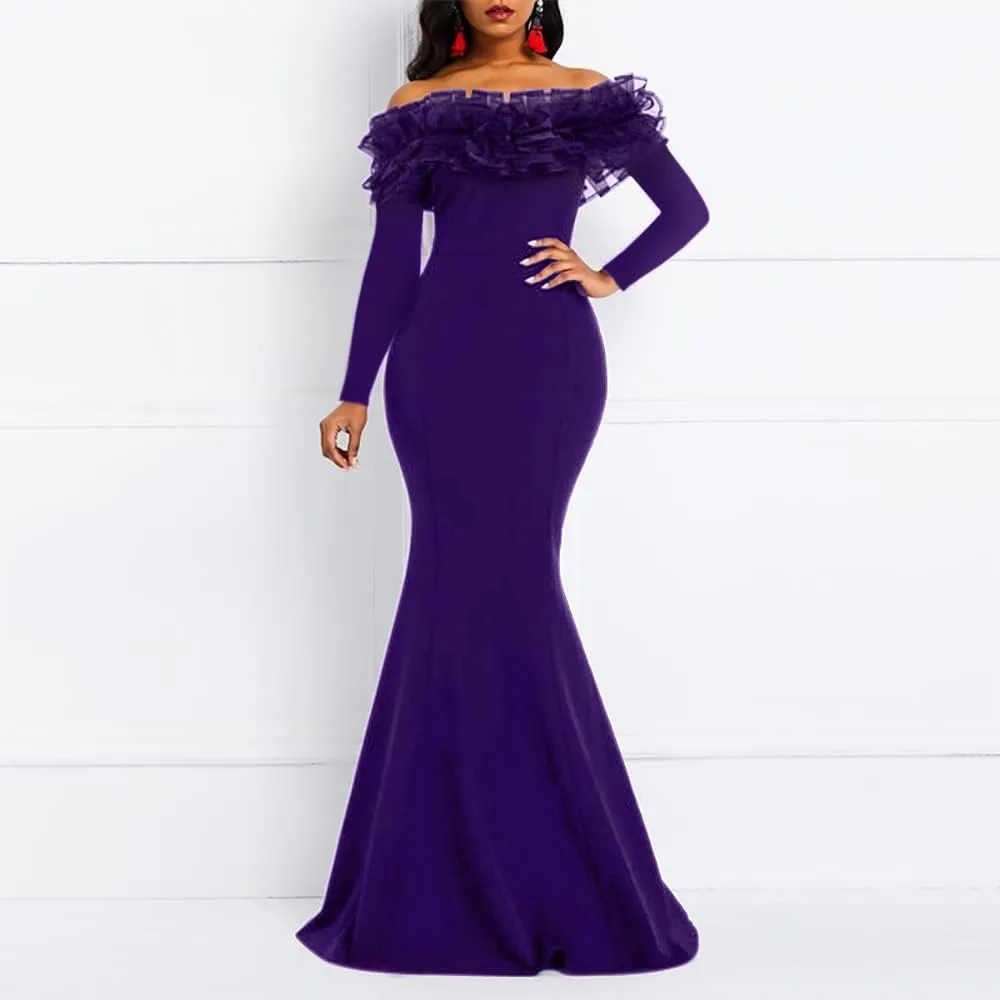 VERWIN Floor-Length Long Sleeve Off Shoulder Plain Women's Maxi Dress Bodycon Dress