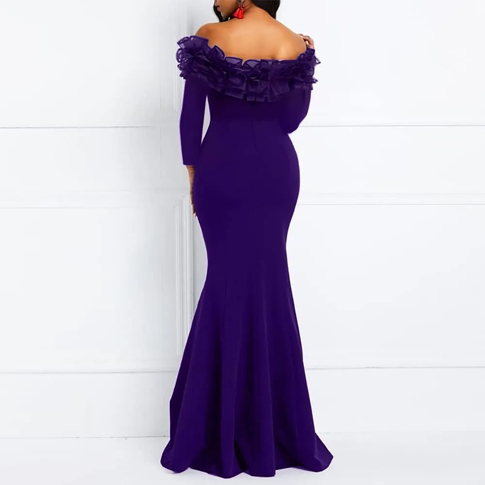 VERWIN Floor-Length Long Sleeve Off Shoulder Plain Women's Maxi Dress Bodycon Dress