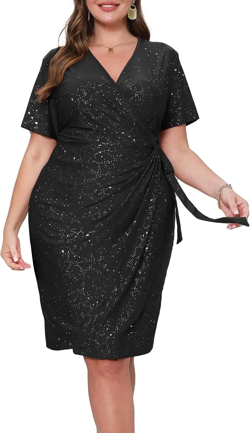 VERWIN Plus Size V Neck Dress Belted Short Sleeve Ruffle Dress Glitter Ruched Bodycon Dress Sparkly Midi Dress