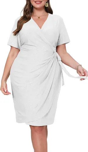 VERWIN Plus Size V Neck Dress Belted Short Sleeve Ruffle Dress Glitter Ruched Bodycon Dress Sparkly Midi Dress