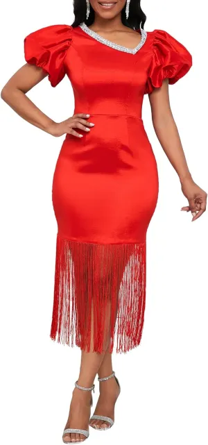 VERWIN Puff Sleeve Bodycon Dress Fringe Maxi Dress V Neck Tiered Tassels Short Sleeve Prom Dress