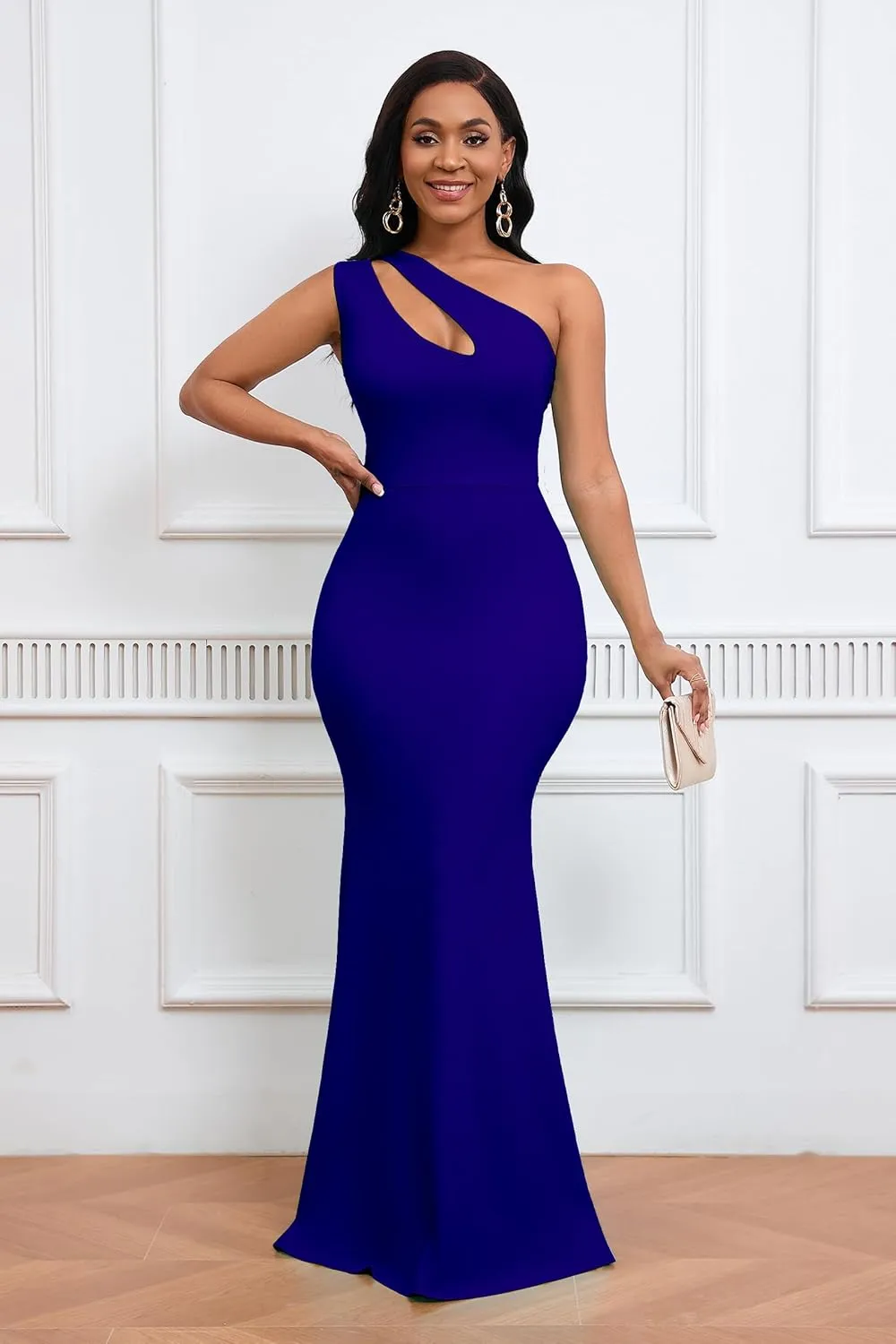 VERWIN Women's Bodycon Sleeveless Oblique Collar Mermaid Dress - Sexy Party Cocktail Maxi