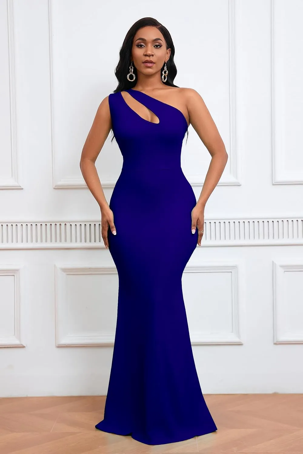 VERWIN Women's Bodycon Sleeveless Oblique Collar Mermaid Dress - Sexy Party Cocktail Maxi