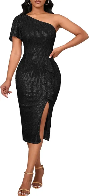 VERWIN Women's One Shoulder Sequins Dress Short Sleeve Ruffle Bodycon Dress Sparkly Split Casual Party Cocktail Midi Dress