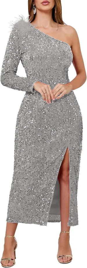 VERWIN Women's Sequins Dress One Shoulder Bodycon Oblique Collar Maxi Dress Sparkly Spilt Wrap Cocktail Dress