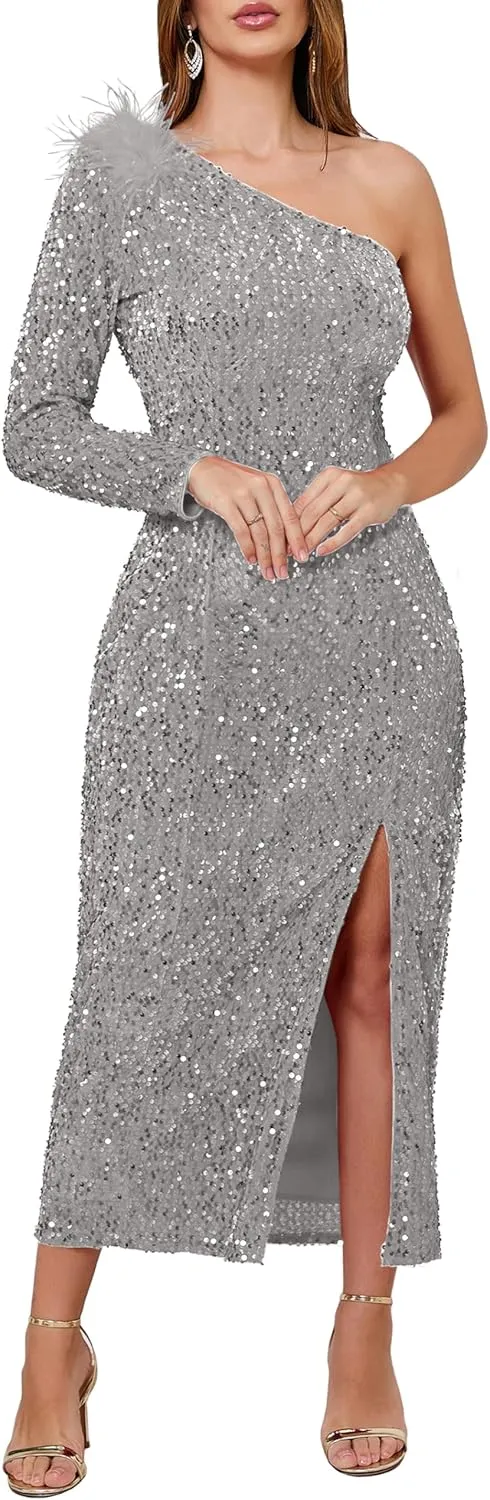 VERWIN Women's Sequins Dress One Shoulder Bodycon Oblique Collar Maxi Dress Sparkly Spilt Wrap Cocktail Dress