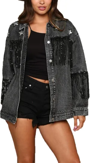 VIVICOLOR Women's Fashion Distressed Denim Jackets Women's Blue Denim Trucker Jacket