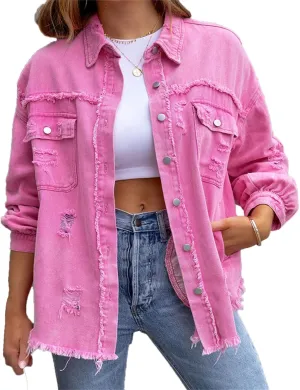 VIVICOLOR Women's Fashion Distressed Denim Jackets Women's Blue Denim Trucker Jacket