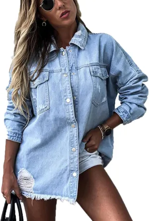 VIVICOLOR Women's Frayed Denim Trucker Jackets Women's Distressed Ripped Denim Jacket