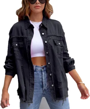 VIVICOLOR Women's Frayed Denim Trucker Jackets Women's Distressed Ripped Denim Jacket
