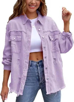 VIVICOLOR Women's Frayed Denim Trucker Jackets Women's Distressed Ripped Denim Jacket