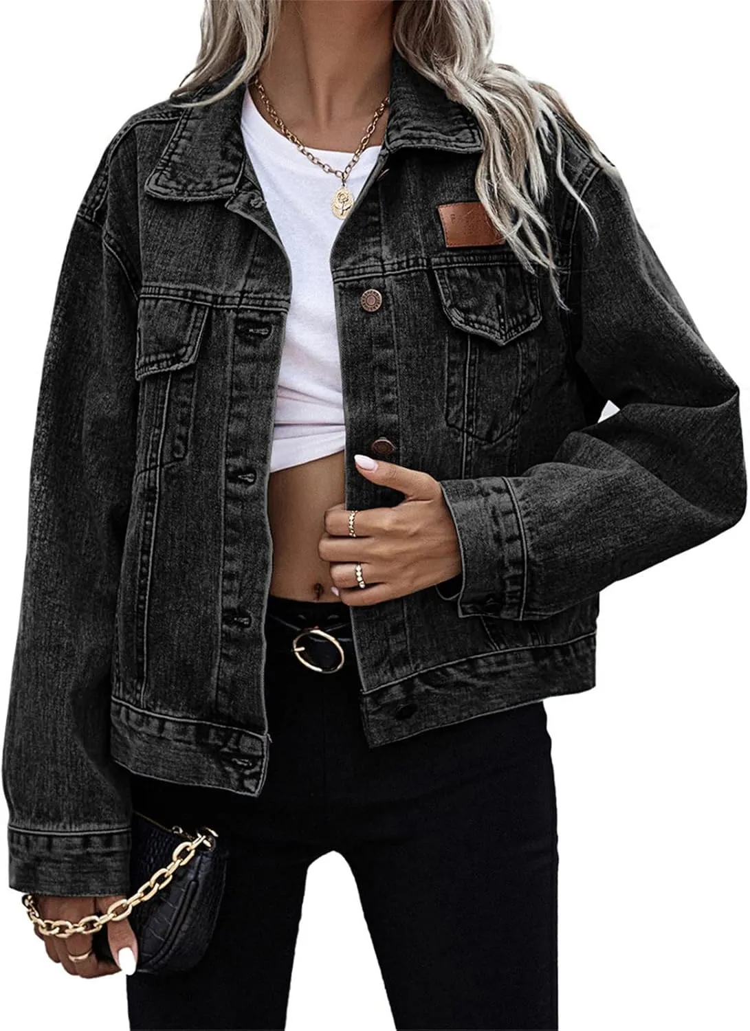 VIVICOLOR Women's Frayed Denim Trucker Jackets Women's Distressed Ripped Denim Jacket